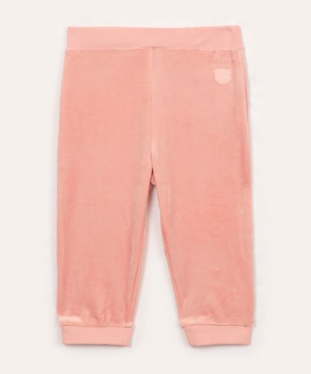 calça de plush infantil cós canelado rosa 12-18