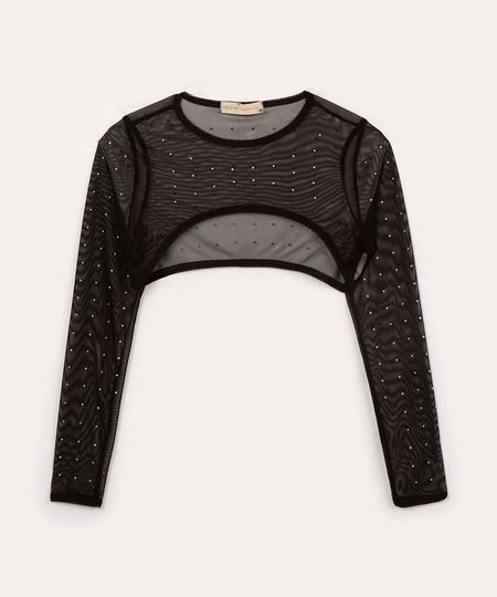 blusa de tule infantil com strass manga longa preto 12