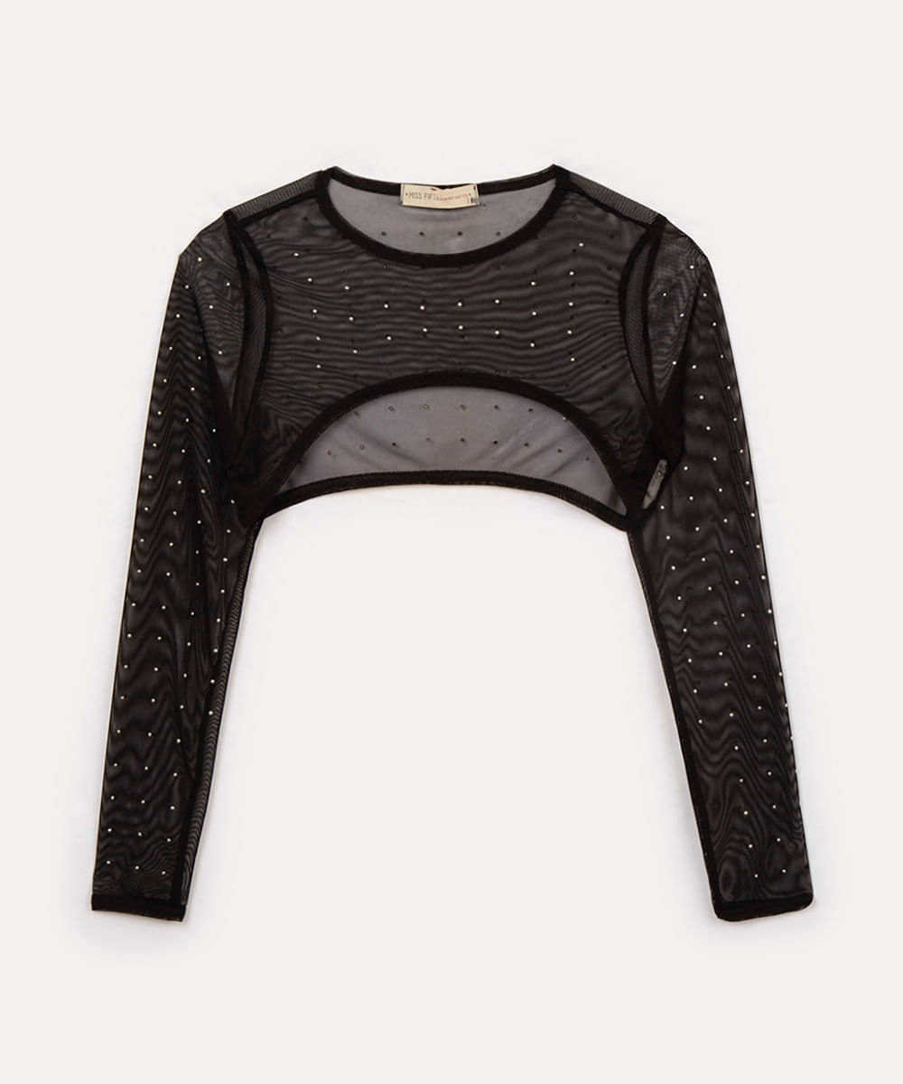 blusa de tule infantil com strass manga longa preto