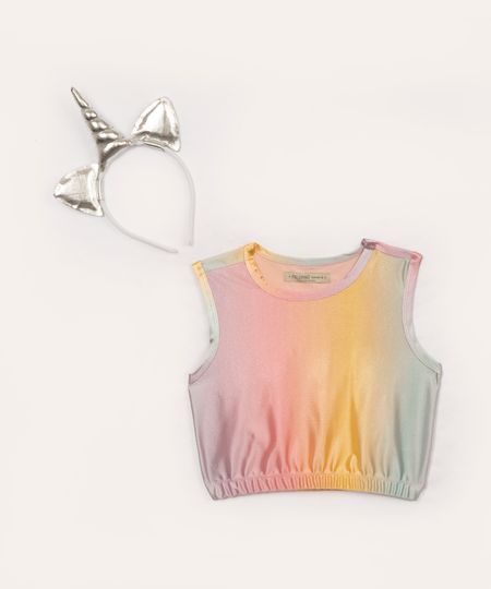 cropped infantil tie dye unicórnio com brilho e tiara colorido 6