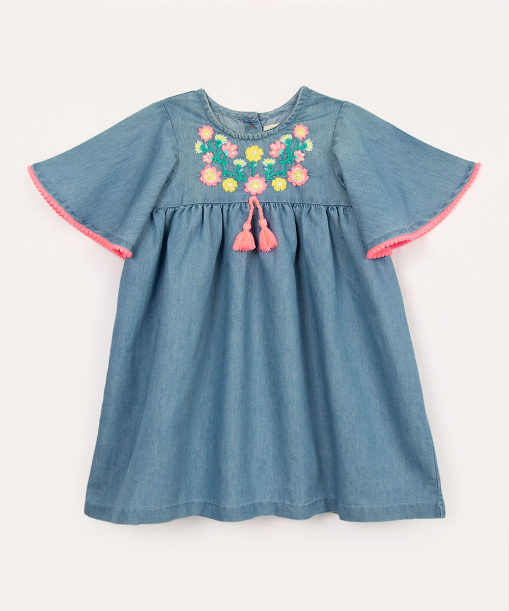 vestido jeans infantil floral azul