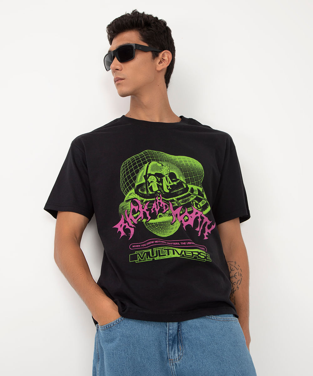 camiseta de algodão manga curta rick and morty preto