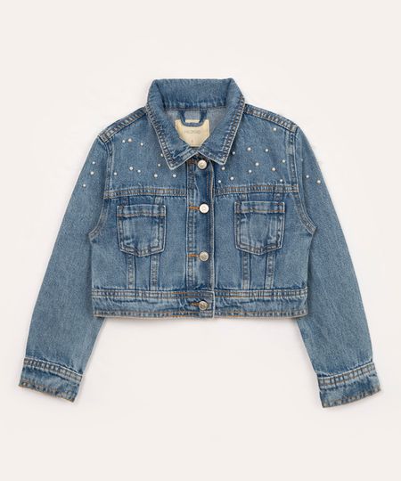 jaqueta jeans infantil com pérolas azul médio 4