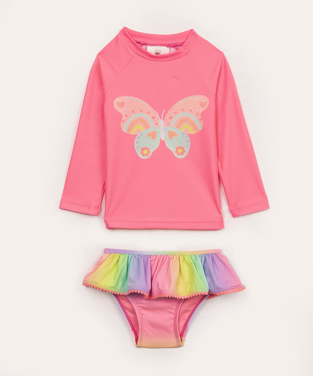 conjunto de praia infantil manga longa rosa