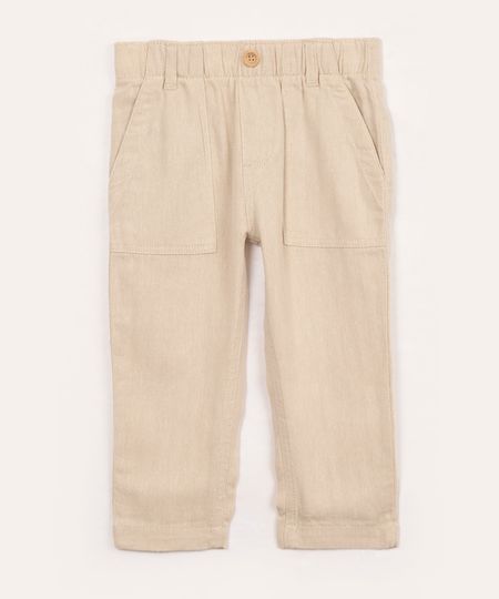 calça de algodão infantil com elástico bege 1 calça de algodão infantil com elástico bege 1