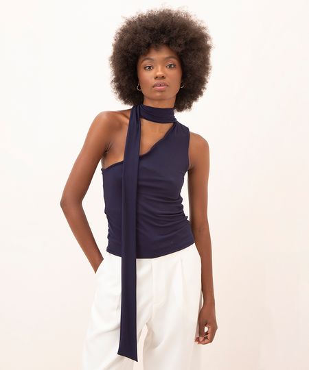 blusa ombro único com faixa mindset azul marinho PP