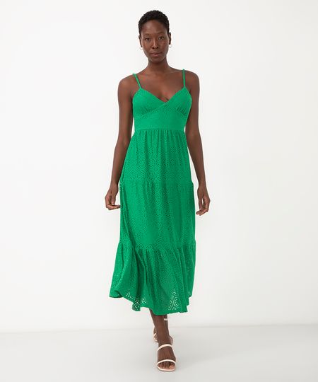 vestido midi de laise recortes com amarração alça fina off white - VERDE M