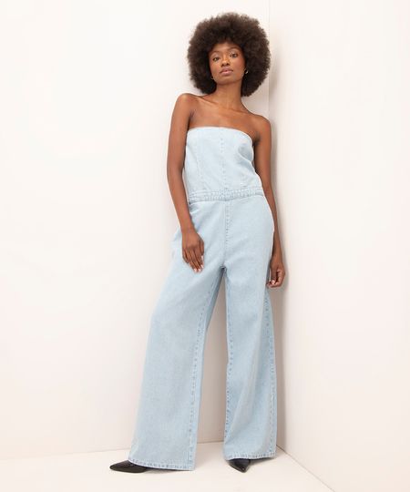 macacão jeans sem alça mindset azul M