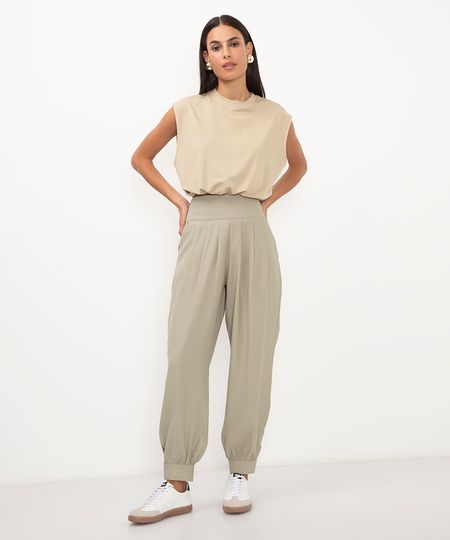 calça alfaiataria de viscose cintura alta verde 44