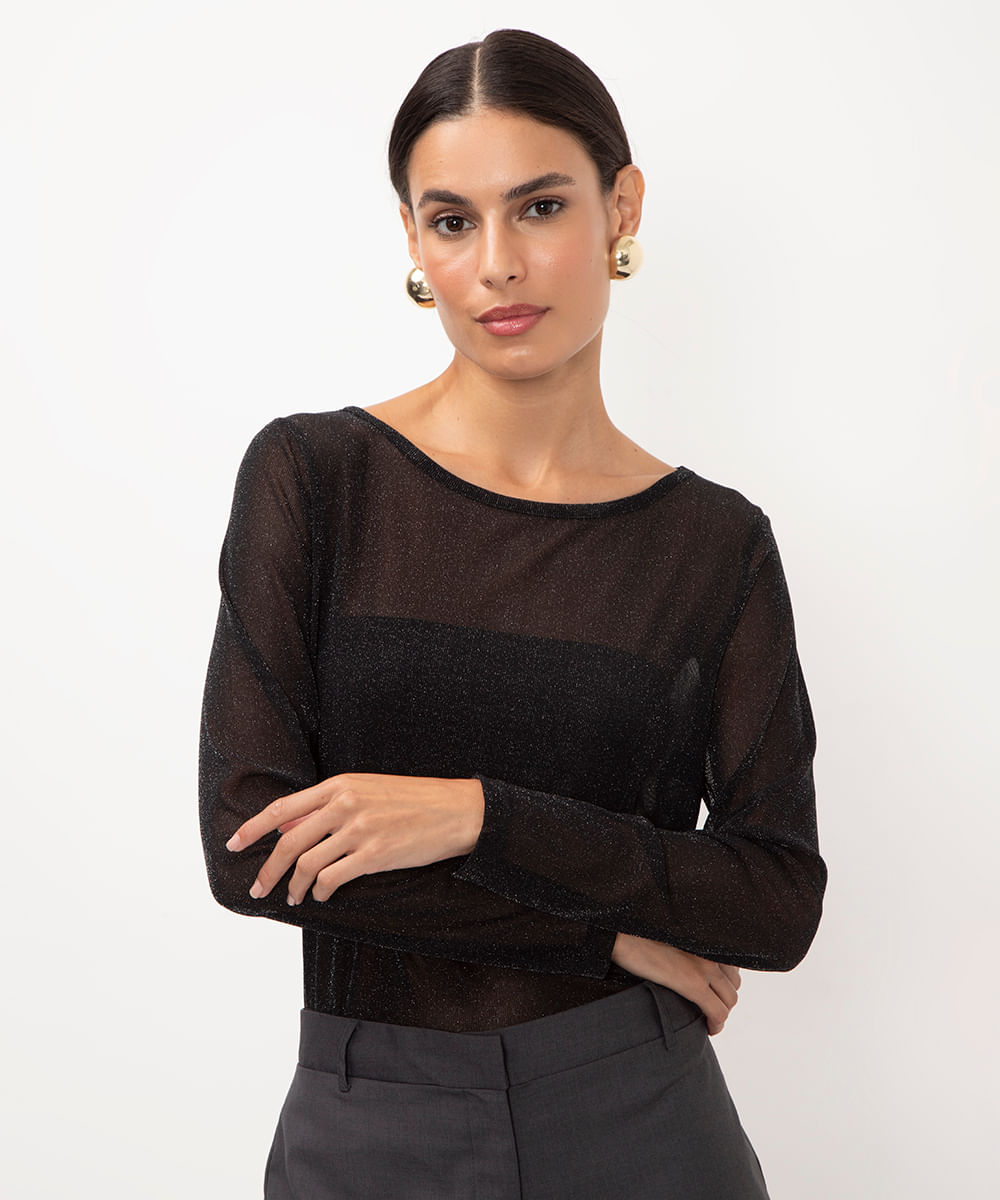 blusa de tule com lurex manga longa preto