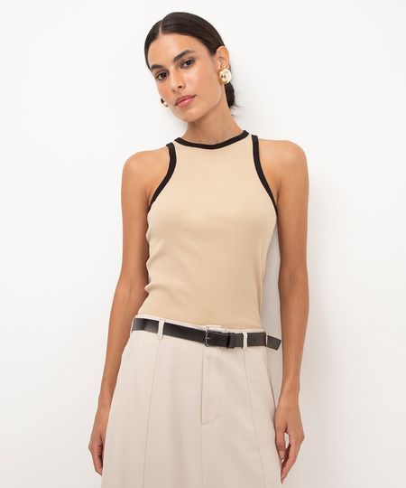 regata de algodão bicolor decote redondo - bege PP regata de algodão bicolor decote redondo - bege PP