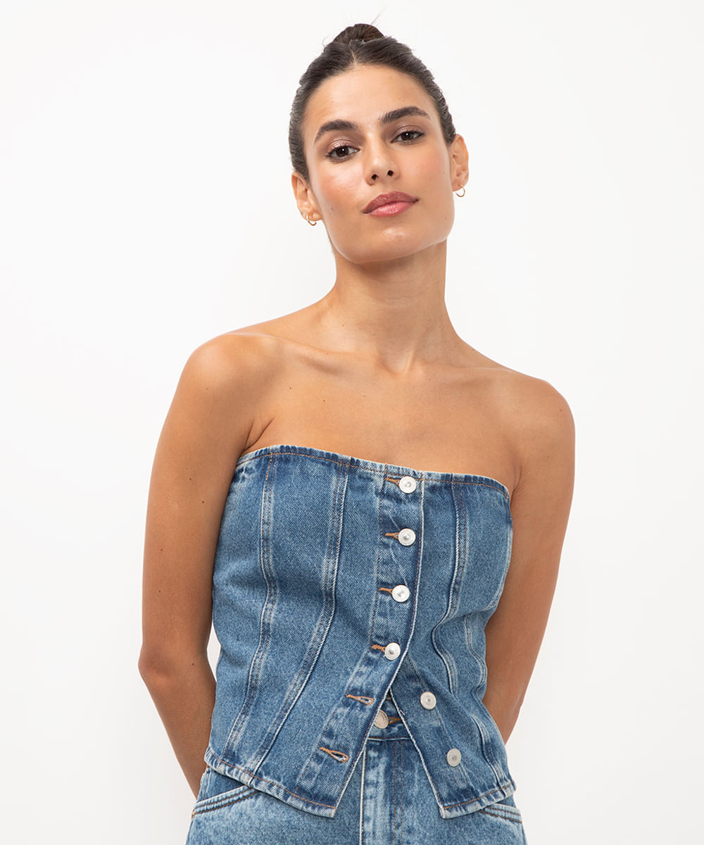 cropped jeans sem alça azul