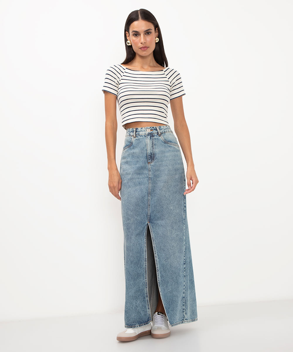 saia midi jeans com fenda azul escuro