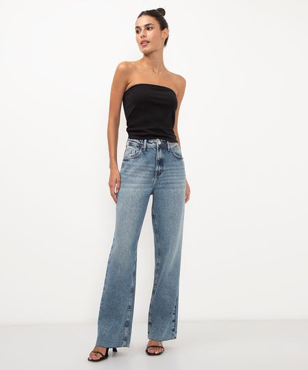 calça jeans wide leg slim cintura alta azul 36