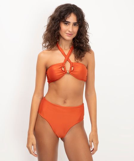 top biquini frente única com bojo proteção uv laranja PP