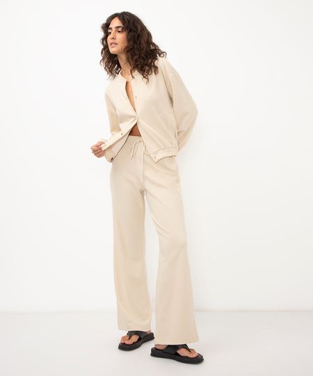 calça wide leg cintura alta com cordão bege G