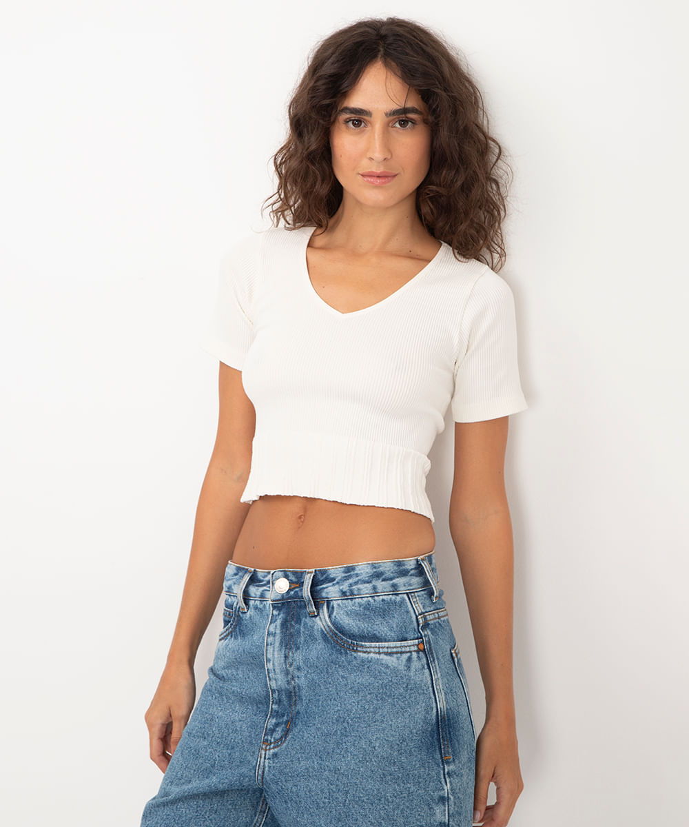 cropped canelado manga curta off white