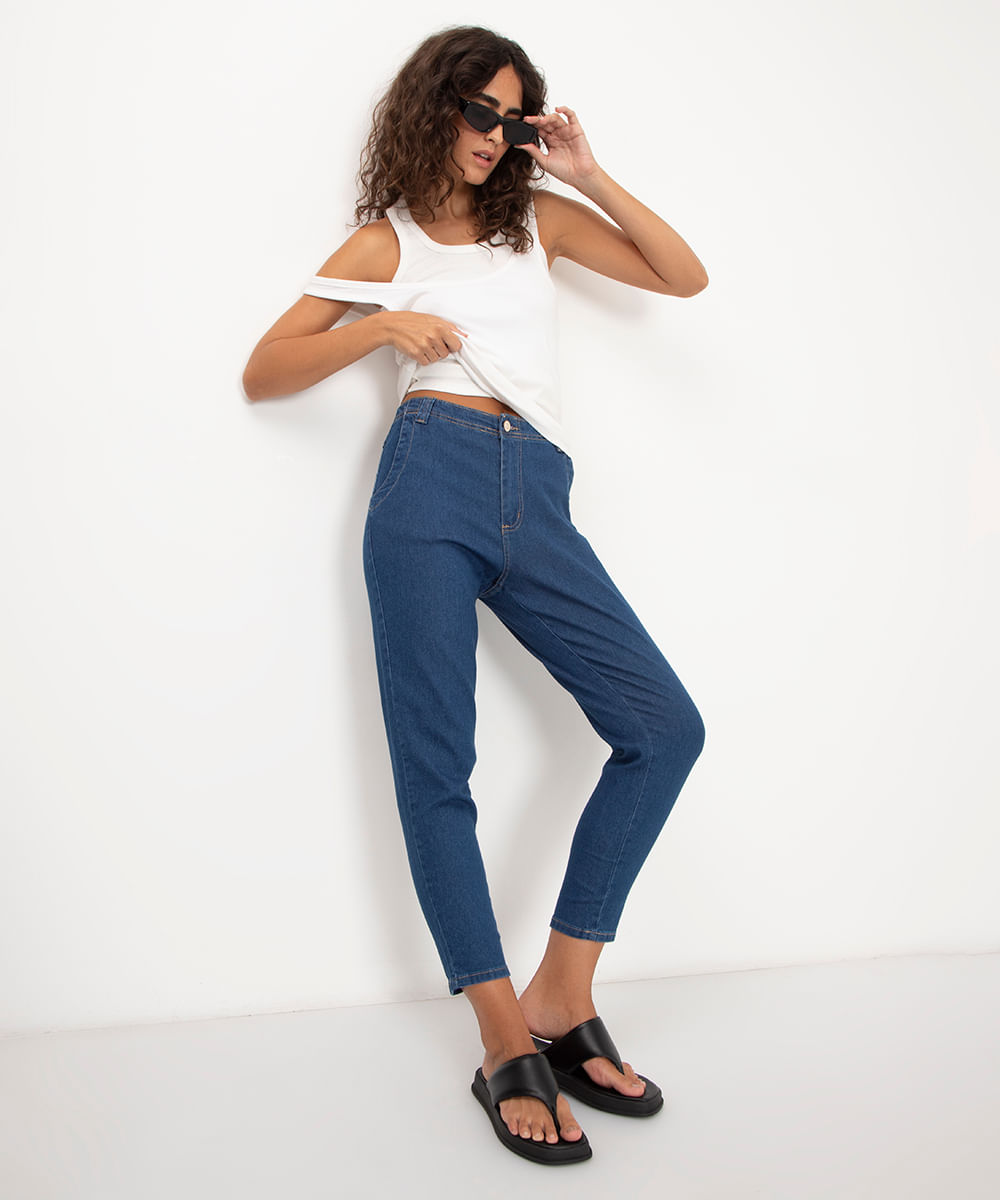 calça jeans mom cintura alta azul