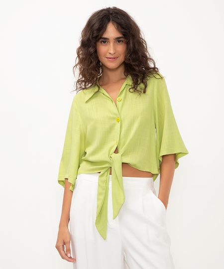cropped camisa de viscose com nó manga curta lilás - verde lima PP