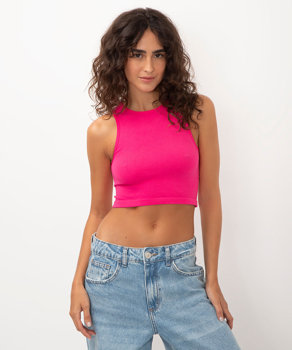 top cropped halter neck de poliamida rosa