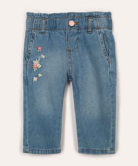 calça jeans infantil floral azul claro 6-9