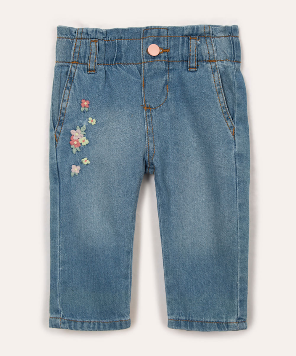 calça jeans infantil floral azul claro