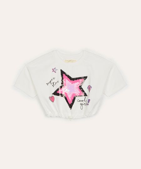 blusa de algodão infantil estrela de paetê e elástico manga curta rosa 10