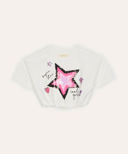 blusa de algodão infantil estrela de paetê e elástico manga curta rosa 4
