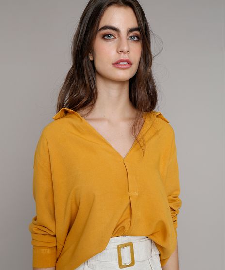 Camisa-Feminina-Oversized-Manga-Longa-Decote-V-Mostarda-9296967-Mostarda_1