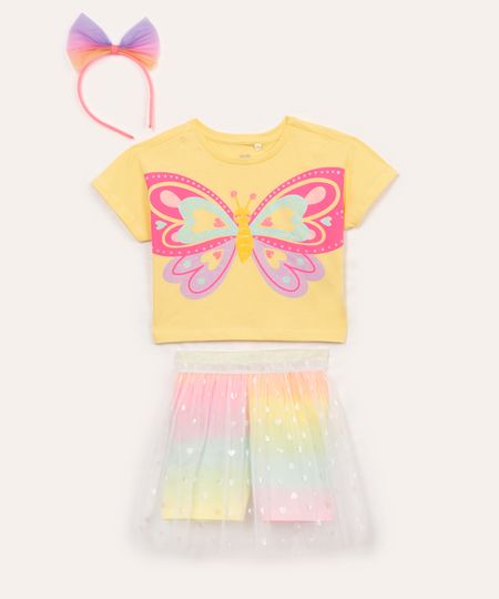 conjunto infantil borboleta com tiara amarelo 1