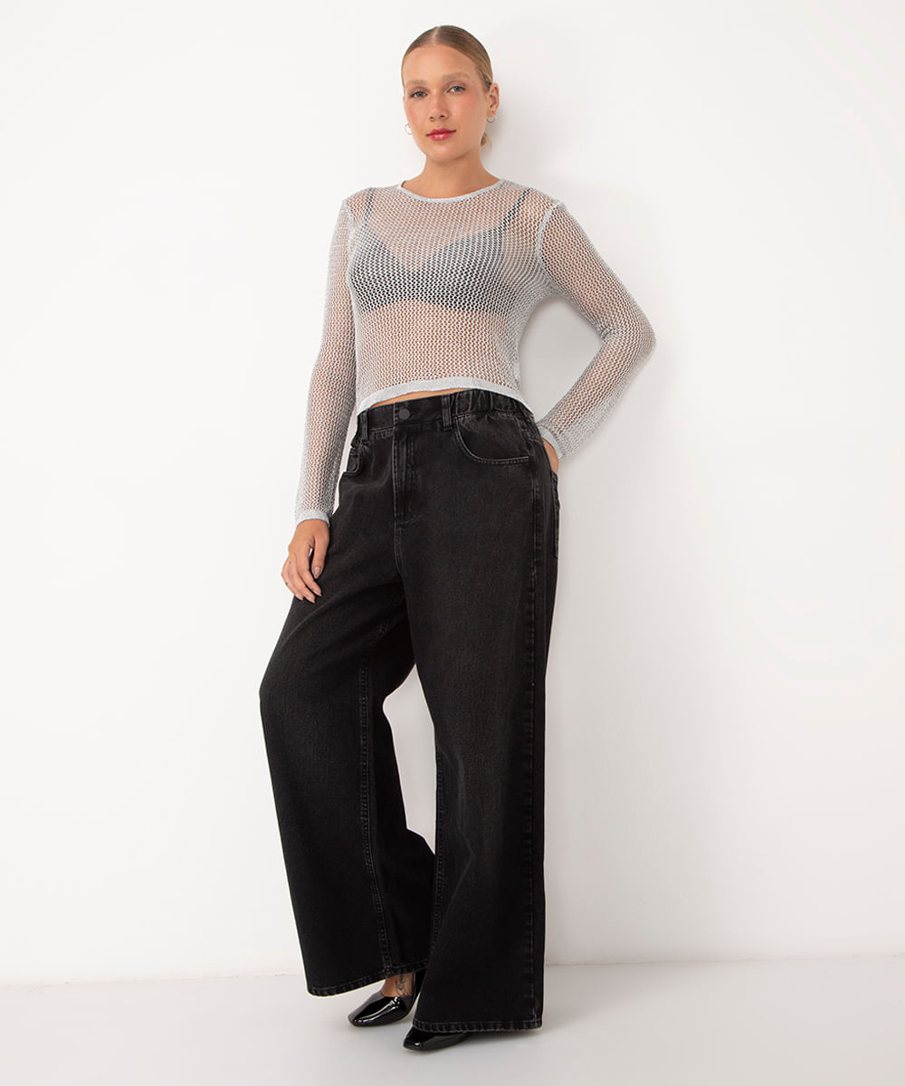 calça jeans super wide leg cintura média bff agatha black