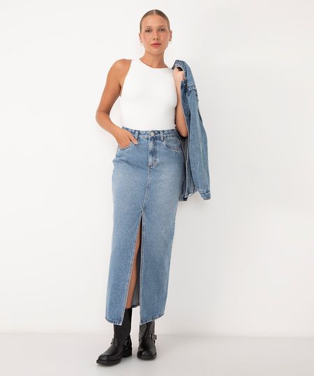 saia jeans longa cintura média bff camila azul 34
