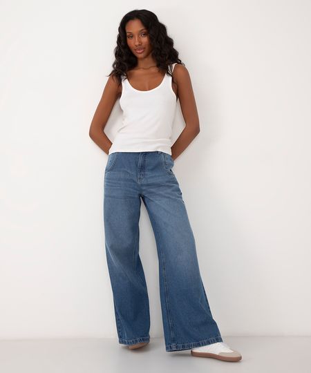 calça jeans wide leg relaxed cintura alta azul 34