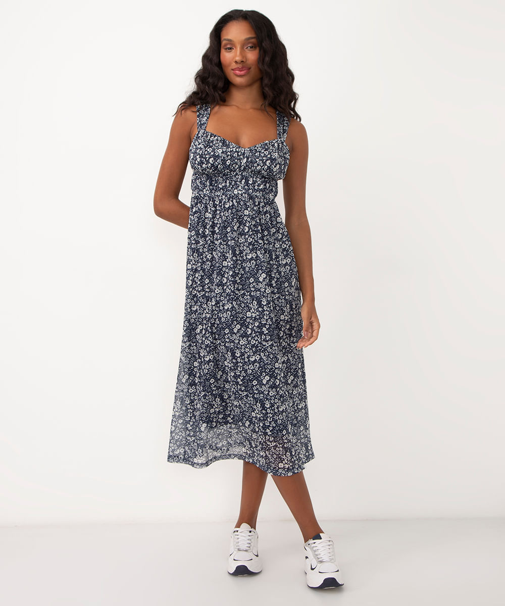 vestido midi de tule floral azul marinho