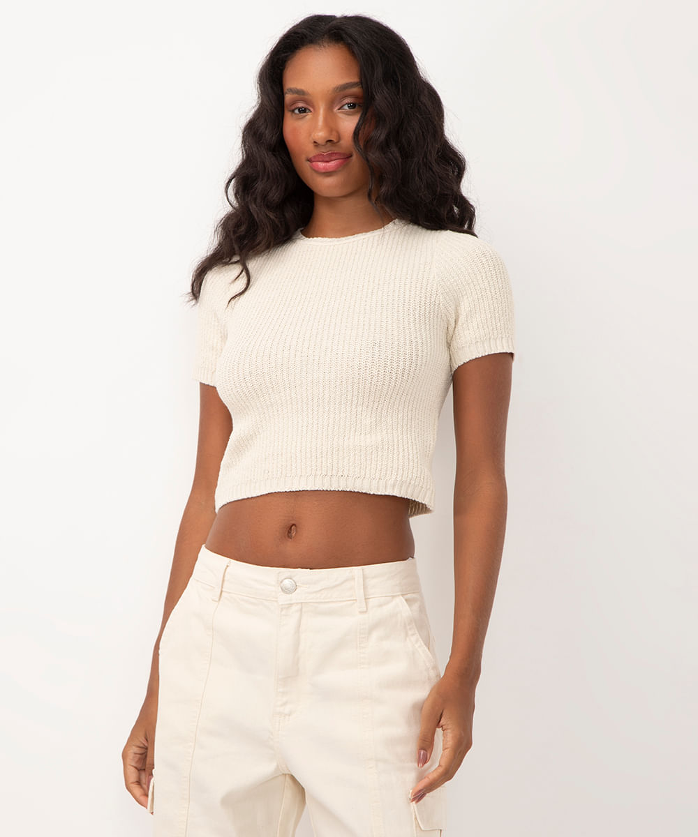 cropped de tricot trançado bege