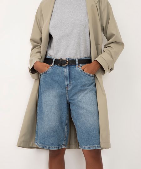 bermuda jeans oversized cintura média azul 34