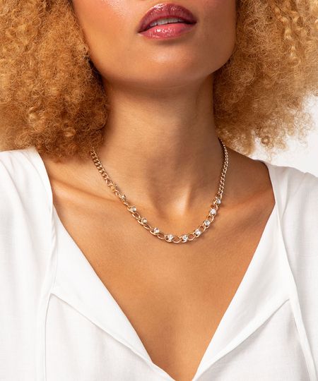 colar corrente com strass dourado Único