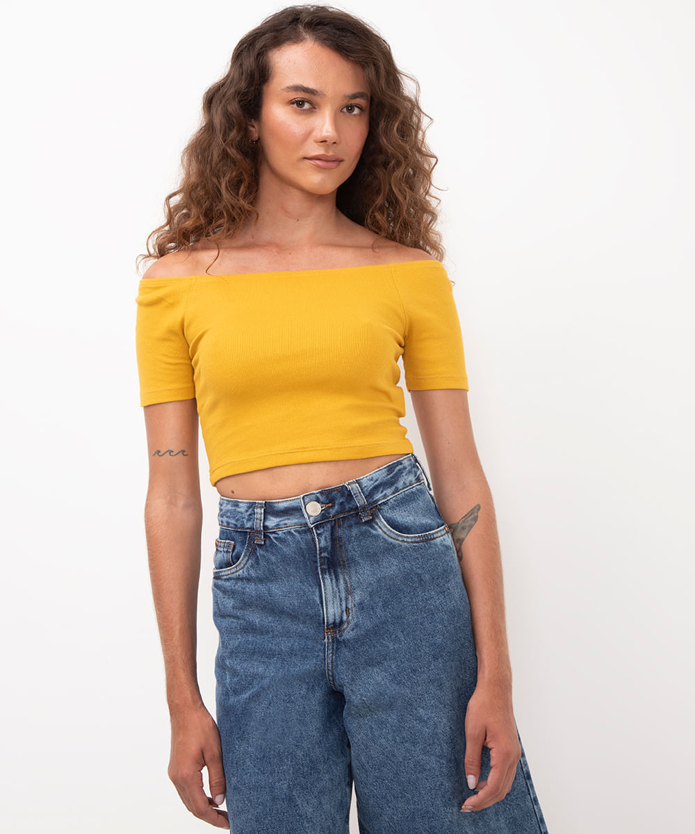 cropped de algodão ombro a ombro amarelo