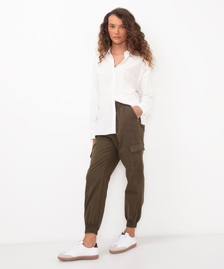 calça jogger de sarja cintura alta verde militar 34 calça jogger de sarja cintura alta verde militar 34