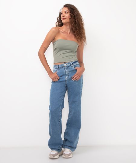 calça jeans wide leg cintura alta sawary azul 38