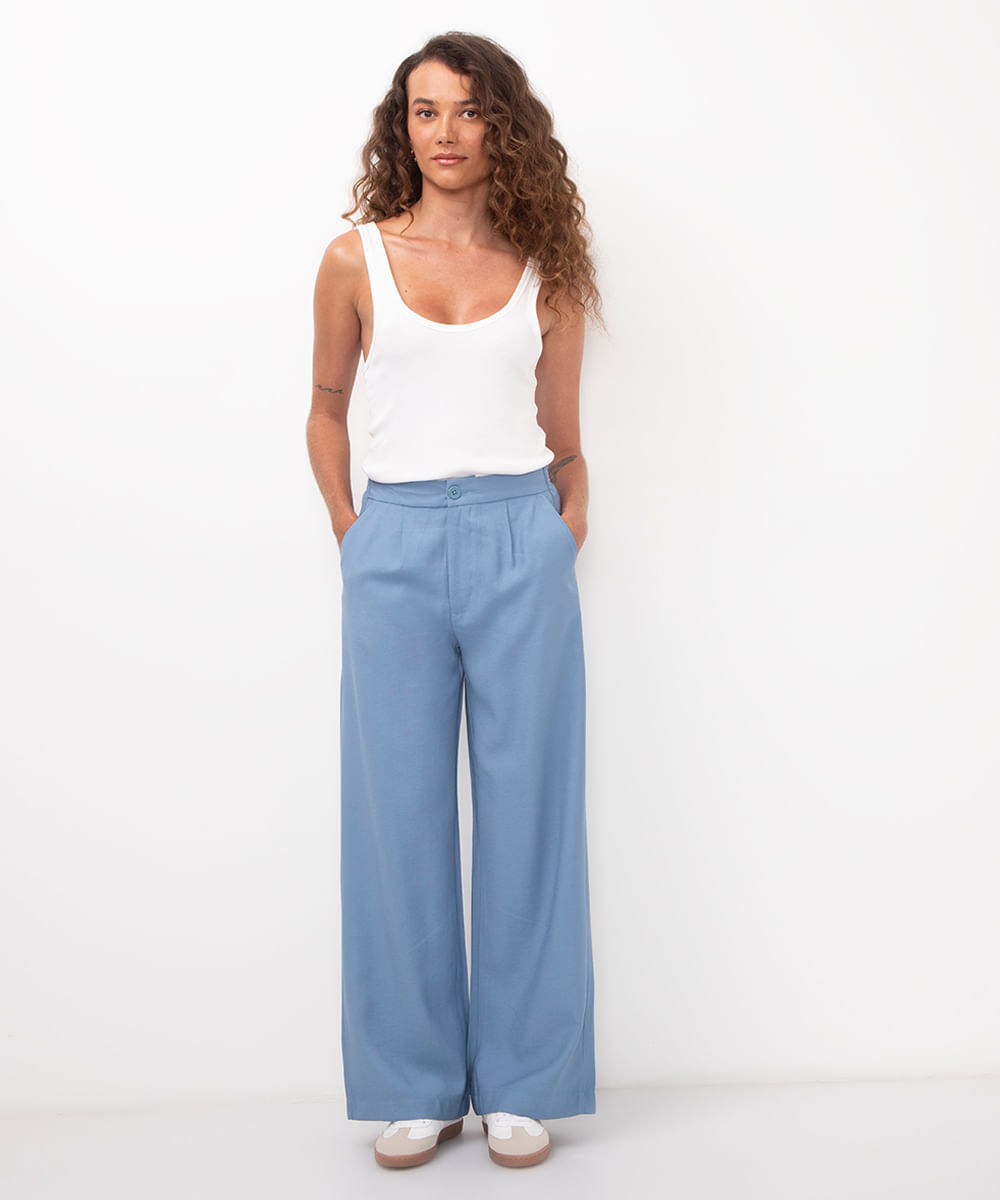 calça de viscose wide leg cintura alta com elástico azul