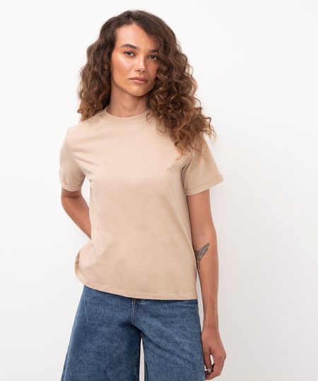 camiseta básica de algodão decote redondo bege P