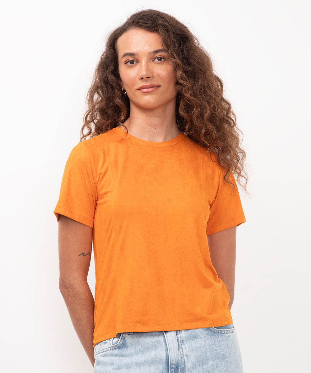 blusa de suede manga curta terracota