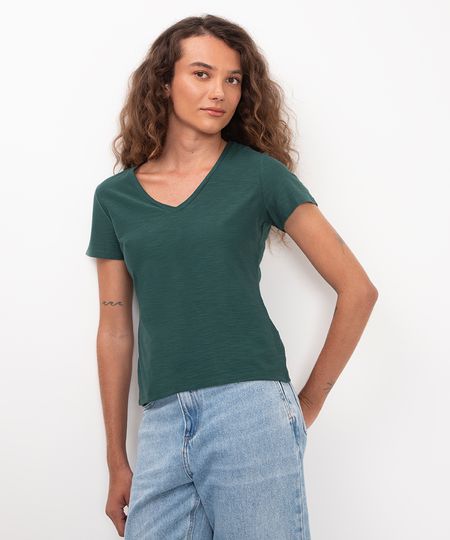 blusa básica manga curta decote v verde PP