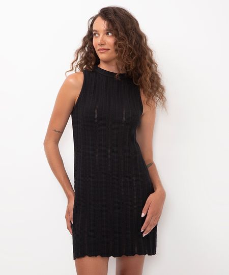 vestido curto de tricot com textura alça média preto PP