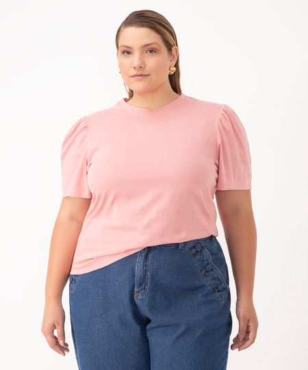 blusa básica plus size manga bufante rosa GG2
