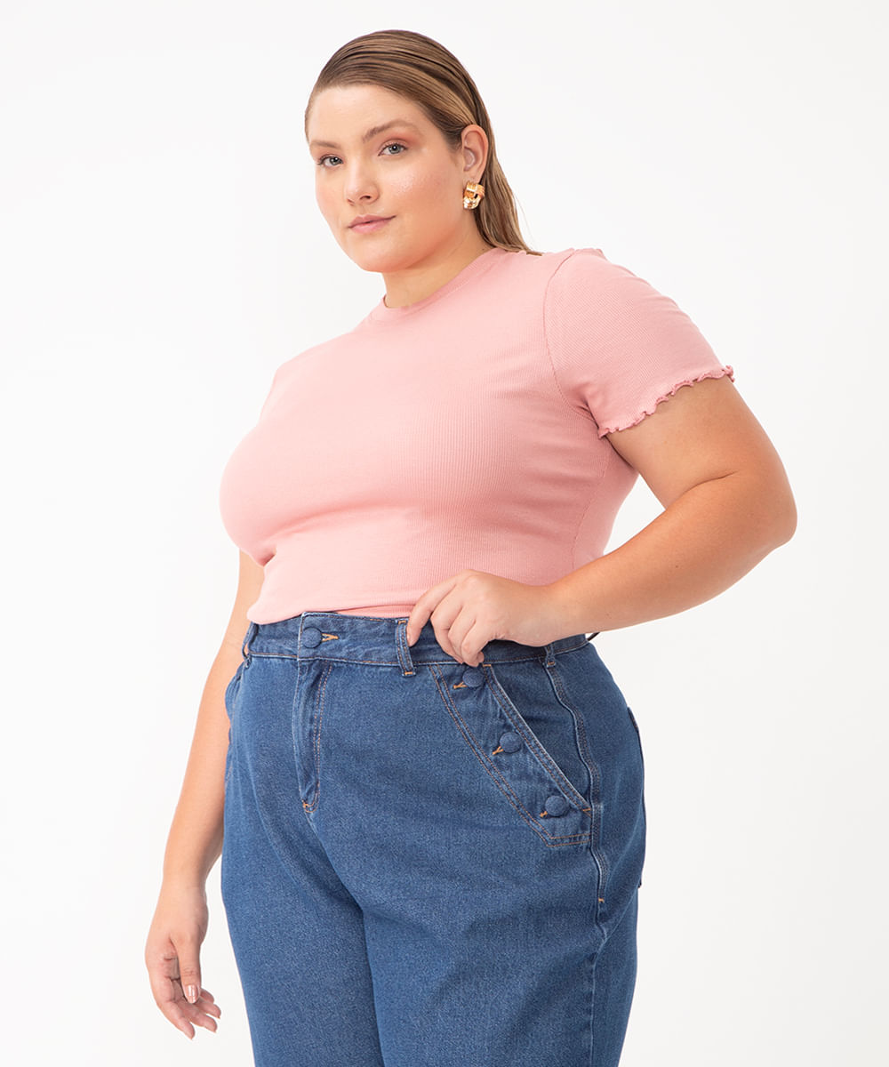 blusa plus size canelada gola alta fru fru rosa