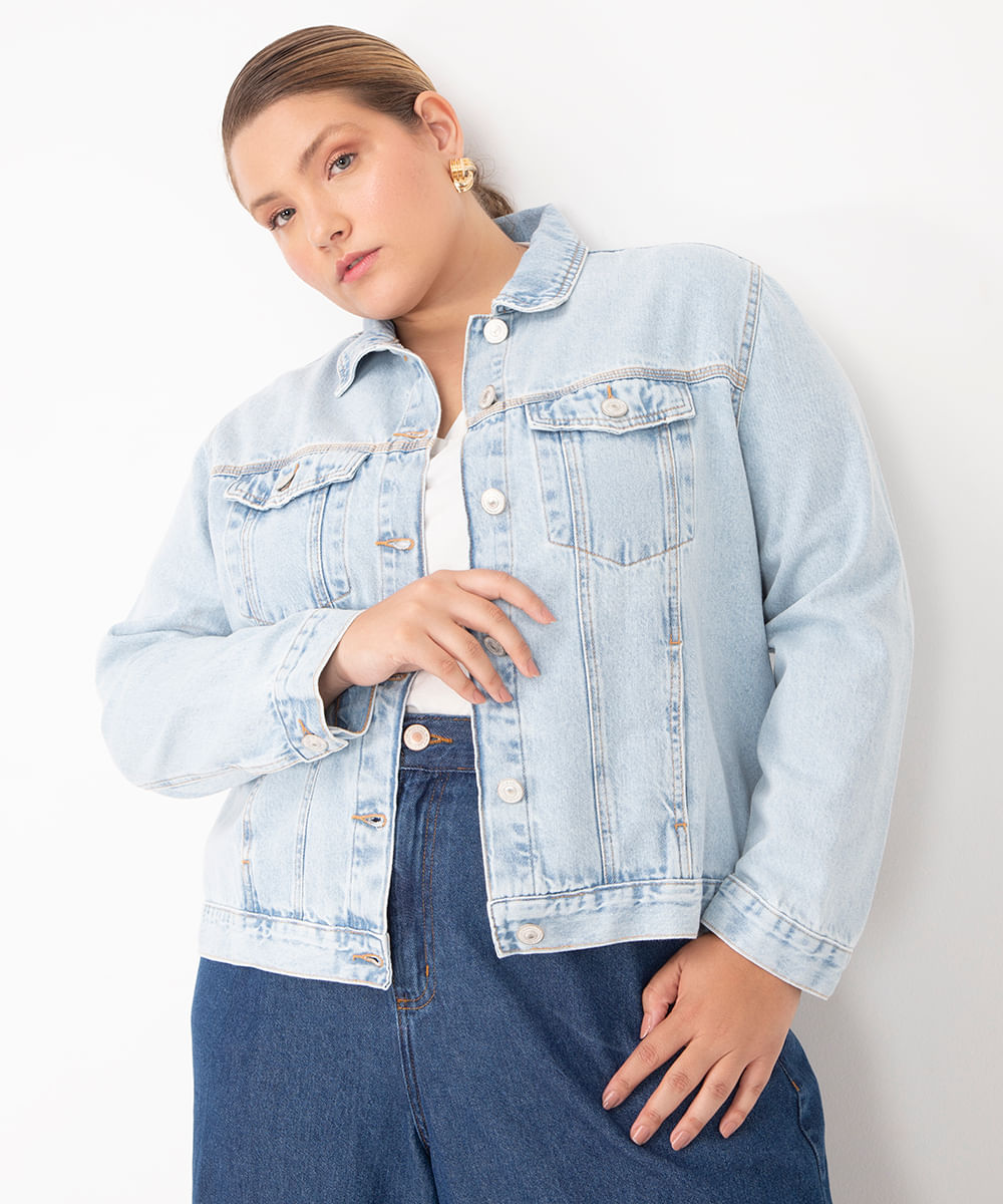 jaqueta jeans trucker plus size azul