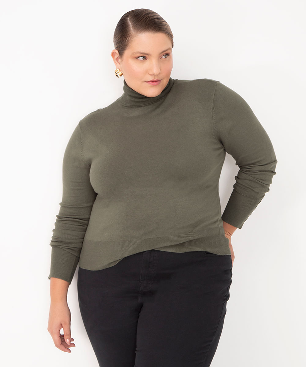 suéter tricot gola alta plus size verde