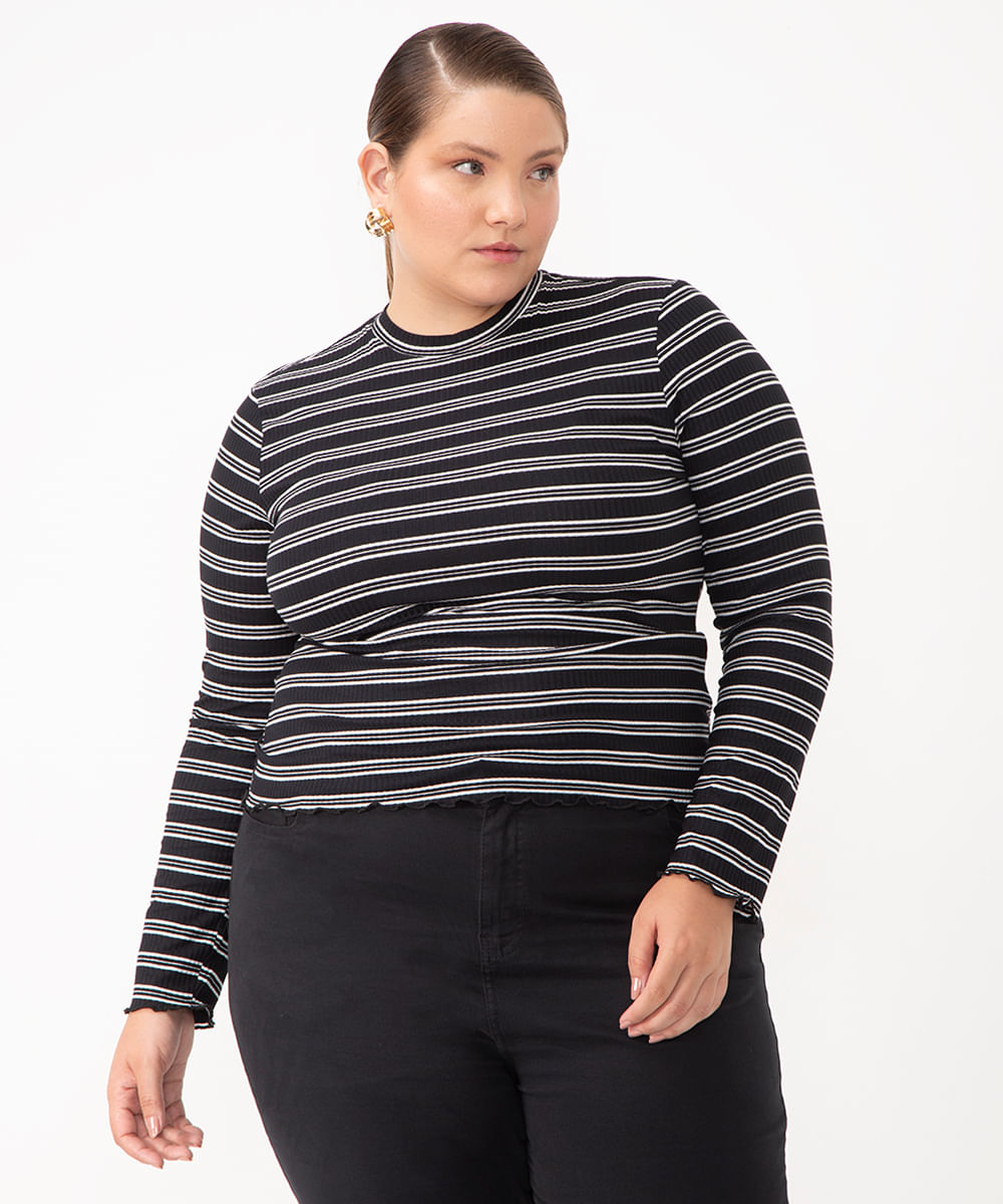 blusa de viscose listrada plus size preta